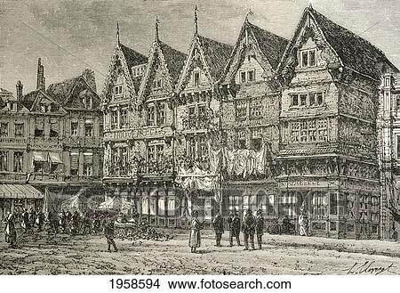 Picture - Old Houses In Valenciennes, France In The 19Th Century. From French Pictures By The Rev. Samuel G. Green, Published 1878.. Fotosearch