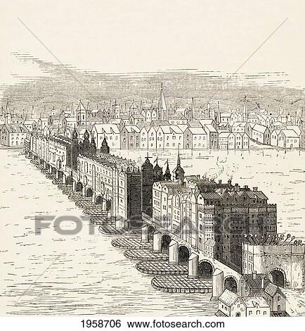 Stock Photograph - Old London Bridge, London, England Before The Great Fire Of 1666. From The Book Of Martyrs By John Foxe, Published C. 1865.. Fotosearch