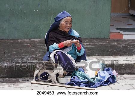 Stock Image - Old Otavalena Woman, Otavalo, Imbabura, Ecuador. Fotosearch