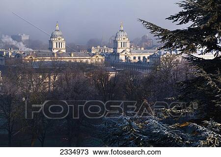 Stock Image - Old Royal Naval College On Winter Morning Seen From Greenwich Park; Greenwich, London, England, Uk. Fotosearch
