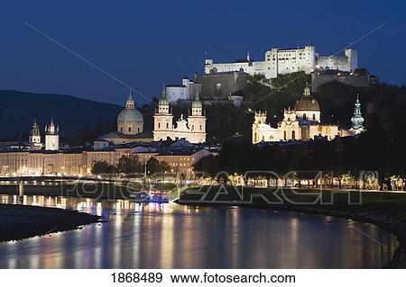 Old Salzburg Centre Cityscape Along The River At Night; Salzburg, Austria View Large Photo Image Stock Photo - Old Salzburg Centre Cityscape Along The River At Night; Salzburg, Austria. Fotosearch
