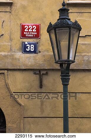 Stock Photography - Old street signs and gas lamp, Mala Strana District, Prague, Czech Republic, Europe. Fotosearch