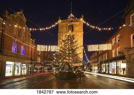 Stock Photo - Old Town At Christmas, Night; Morpeth, Northumberland, England. Fotosearch