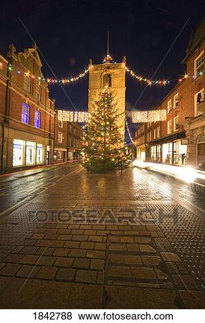 Stock Photo - Old Town At Christmas, Night; Morpeth, Northumberland, England. Fotosearch