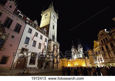 Stock Image - Old Town Hall, Old Town Square And The Church Of Our Lady Before Tyn, Prague At Night, Czech Republic. Fotosearch