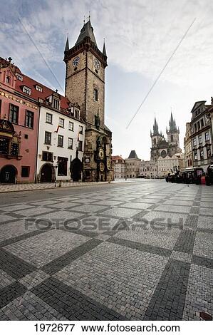 Stock Photo - Old Town Hall, Old Town Square And The Church Of Our Lady Before Tyn, Prague At Sunrise, Czech Republic. Fotosearch
