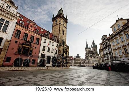 Stock Photo - Old Town Hall, Old Town Square And The Church Of Our Lady Before Tyn, Prague At Sunrise, Czech Republic. Fotosearch