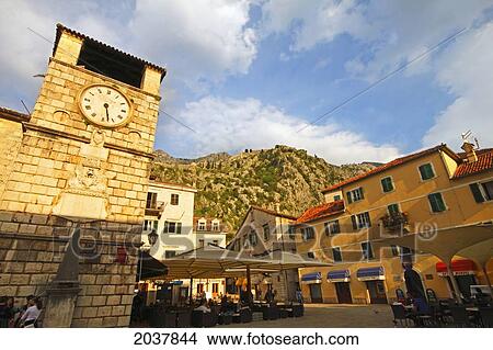 Old Town Square And Clock Tower; Kotor Monte View Large Photo Image Picture - Old Town Square And Clock Tower; Kotor Monte. Fotosearch