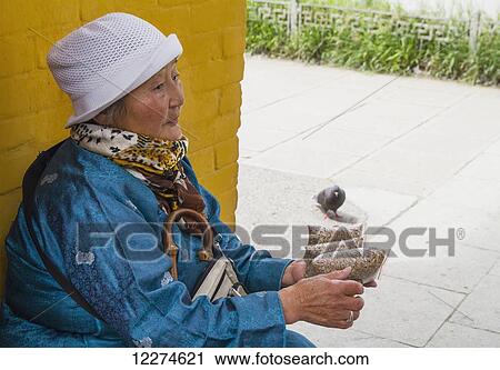 Stock Image - Old woman be the Gandan Monastery (Gandantegchinlen Khiid), Ulaanbaatar (Ulan Bator), Mongolia. Fotosearch