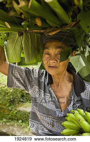 Stock Photo - Old Woman Carrying Bunch On Bananas. Fotosearch
