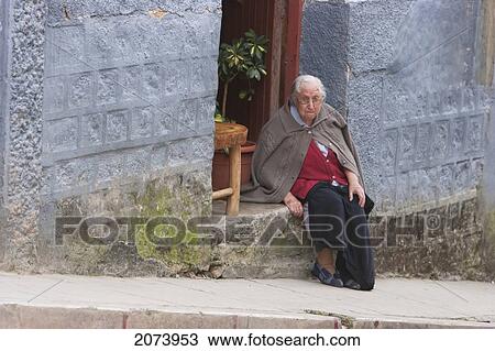 Stock Image - Old Woman, Coroico, La Paz Department, Bolivia. Fotosearch