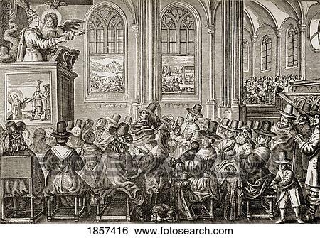 Stock Photograph - Oliver Cromwell, 1599-1658. English Soldier And Statesman. Oliver Cromwell Preaching To A Puritan Congregation. From A Dutch Satirical Print Published In 1651.. Fotosearch