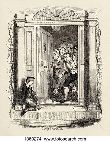 Picture - Oliver Twist At Mrs. Maylie's Door. From The Book The Adventures Of Oliver Twist By Charles Dickens, With Illustrations By G. Cruikshank. Published By Chapman And Hall, London 1901.. Fotosearch