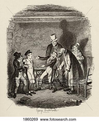 Stock Photo - Oliver's Reception By Fagin And The Boys. From The Book The Adventures Of Oliver Twist By Charles Dickens, With Illustrations By G. Cruikshank. Published By Chapman And Hall, London 1901.. Fotosearch