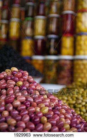 Stock Image - Olives for sale; Marrakesh, Morocco. Fotosearch
