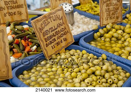 Stock Image - Olives In A Street Market In Alcudia, Mallorca, Balearic Islands, Spain. Fotosearch