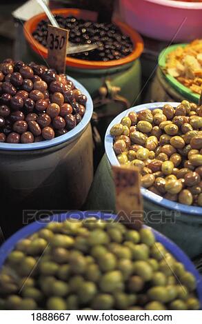 Olives In Jars In A Market, Close Up View Large Photo Image Stock Photo - Olives In Jars In A Market, Close Up. Fotosearch