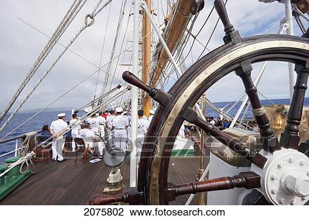Stock Image - Onboard The Four-Mast Barquentine, Chilean Navy Training Ship Esmeralda In Hanga Roa Harbour, Rapa Nui (Easter Island), Chile. Fotosearch