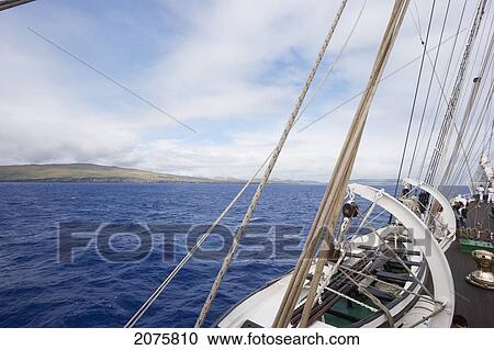 Stock Image - Onboard The Four-Mast Barquentine, Chilean Navy Training Ship Esmeralda In Hanga Roa Harbour, Rapa Nui (Easter Island), Chile. Fotosearch