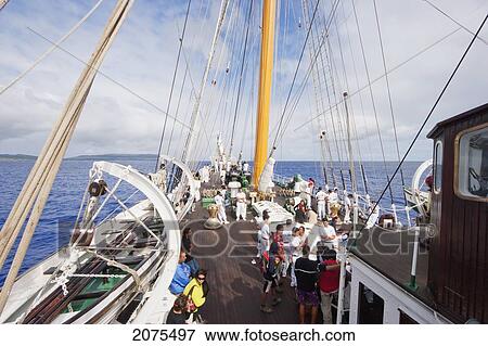 Stock Photo - Onboard The Four-Mast Barquentine, Chilean Navy Training Ship Esmeralda In Hanga Roa Harbour, Rapa Nui (Easter Island), Chile. Fotosearch