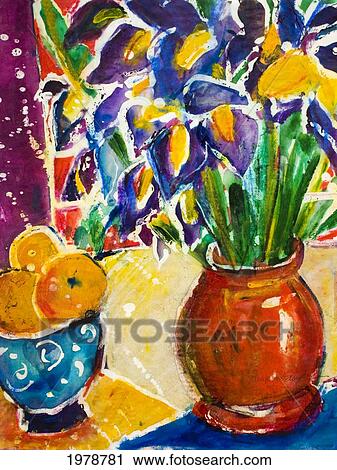 Stock Image - Orange Iris, Arrangement In Vase On Table, Batik On Rice Paper (Acrylic And Watercolor Painting).. Fotosearch