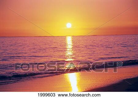 Stock Image - Orange Pink Sunset Sky With Sun Ball, Reflection On Ocean Waters And Shoreline C1712. Fotosearch