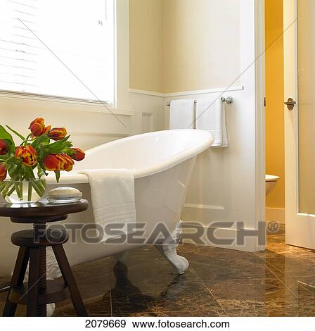Orange Tulips In A Vase On A Stool In Front Of A Claw Foot Bathtub, Victoria Bc View Large Photo Image Stock Photo - Orange Tulips In A Vase On A Stool In Front Of A Claw Foot Bathtub, Victoria Bc. Fotosearch