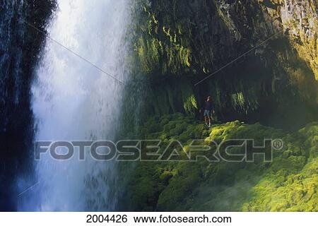 Stock Photograph - Oregon, Far Away View Of Man Standing At Lower South Falls At Silver Falls State Park. Fotosearch