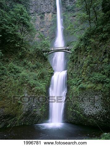 Stock Image - Oregon, Multnomah Falls With Lush Surroundings Rushing Whitewater Flow A50G. Fotosearch