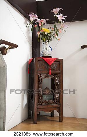 Stock Photography - Oregon, Portland, Chinese Garden, Lilies On Table Indoors.. Fotosearch