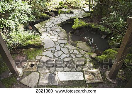 Oregon, Portland, Japanese Cultural Park And Gardens, Stone Walkway Over Water With Foliage. View Large Photo Image Stock Image - Oregon, Portland, Japanese Cultural Park And Gardens, Stone Walkway Over Water With Foliage.. Fotosearch