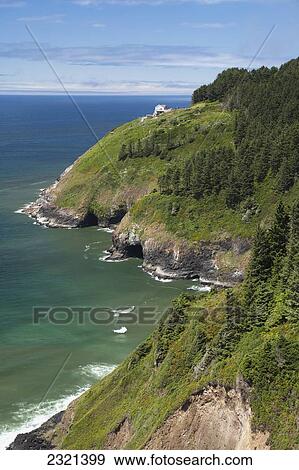 Stock Photo - Oregon, Southern Coast, Coastal View With Umpqua Lightouse In The Distance.. Fotosearch