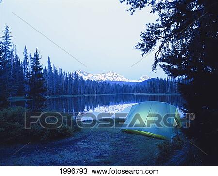 Stock Image - Oregon Willamette National Forest Cascade Mountains Three Sisters, Tent On Scott Lake, Peaceful Campsite A50H. Fotosearch