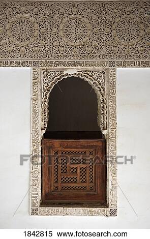 Stock Photography - Ornamental Stucco Work And Lattice Wood Panelling In Ali Ben Youssef Medersa; Marrakech, Morocco. Fotosearch