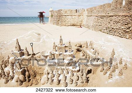 Stock Image - Ornate detail of a castle built in the sand; Cadiz, Andalusia, Spain. Fotosearch