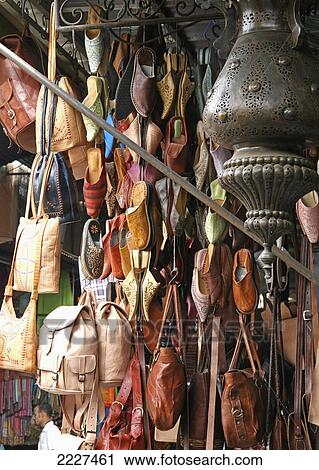 Stock Image - Ornate Moroccan Slippers And Crafts For Sale In Souk, Marrakech (Marrakesh), North Africa. Fotosearch