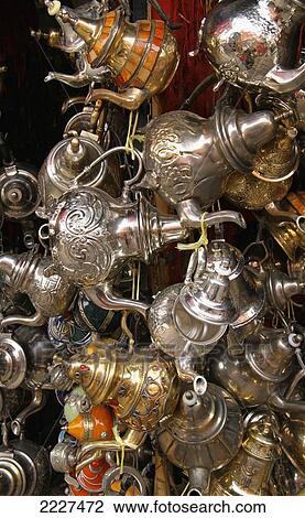 Ornate Moroccan Teapots For Sale In Souk, Marrakech (Marrakesh), North Africa View Large Photo Image Stock Image - Ornate Moroccan Teapots For Sale In Souk, Marrakech (Marrakesh), North Africa. Fotosearch