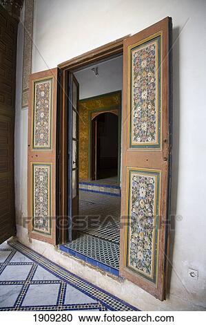 Stock Image - Ornate Painted Doors In Bahia Palace, Marrakesh, Morocco. Fotosearch