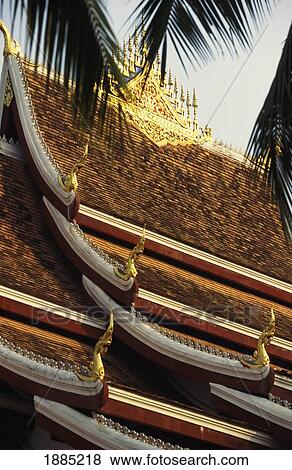 Stock Photo - Ornate Temple Roof And Palms. Fotosearch
