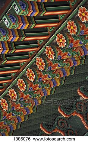 Stock Photograph - Ornately Painted Toksu Palace Roof, Close Up. Fotosearch