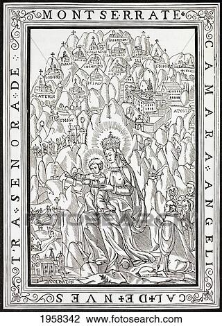 Stock Image - Our Lady Of Montserrat With Spanish Inscription Saying Celestial Abode Of Our Lady Of Montserrat. After A 16Th Century Woodcut. From Military And Religious Life In The Middle Ages By Paul Lacroix Published London Circa 1880.. Fotosearch