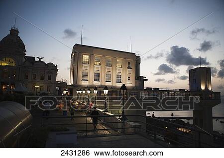 Stock Photograph - Outdoor cafe in front of the Palacio Rio Branco and the Lacerdo lift in the upper town of Salvador; Salvador, Brazil. Fotosearch