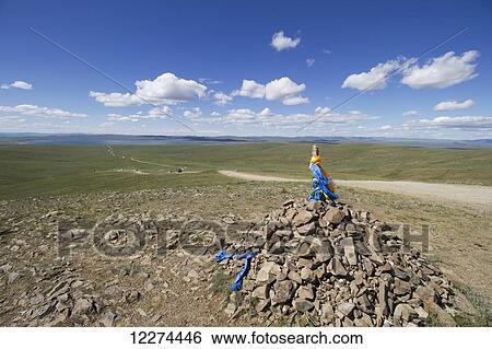 Stock Photograph - Ovoo overlooking Ugii Lake, Arkhangai Province, Mongolia. Fotosearch