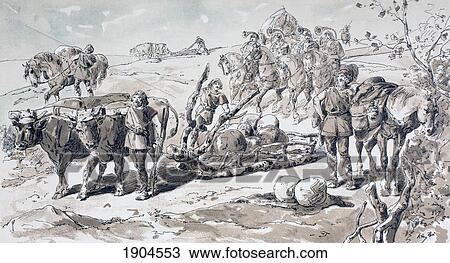 Stock Image - Oxen Drawing A Primitive Sled Laden With Rocks. After A Watercolour By A. Heins. From Cortege Historique Des Moyens De Transport. Published Brussels, 1886.. Fotosearch