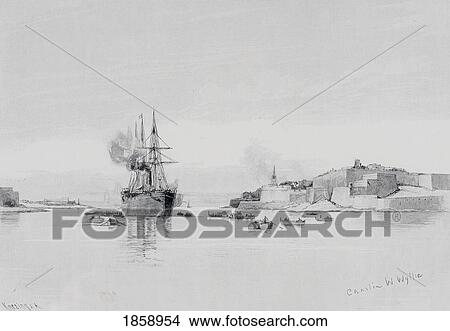 Picture - P & O Steamer Entering The Quarantine Harbour, Malta, By Charles William Wyllie (1859-1923) From The Picturesque Mediterranean Circa 1890. Fotosearch