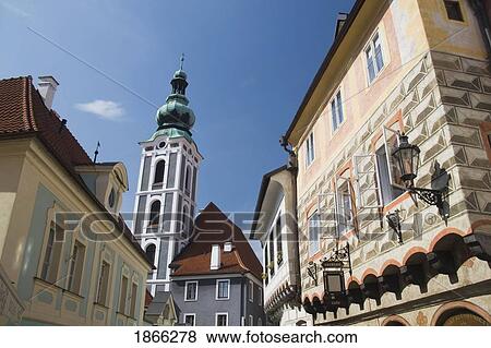 Painted Buildings With Tower, Cesky Krumlov, Czech Republic View Large Photo Image Stock Photo - Painted Buildings With Tower, Cesky Krumlov, Czech Republic. Fotosearch