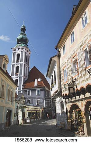 Stock Photo - Painted Buildings With Tower, Cesky Krumlov, Czech Republic. Fotosearch