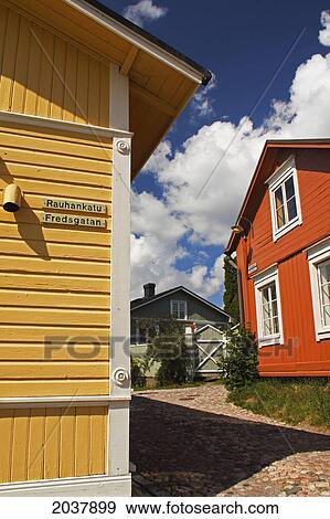 Stock Photo - Painted Wooden Houses In The Old Town; Porvoo Finland. Fotosearch