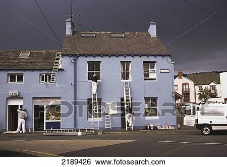 Painters Paint A Blue House Under A Cobalt Sky, Penrith, Lake District, Cumbria, United Kingdom View Large Photo Image Stock Photograph - Painters Paint A Blue House Under A Cobalt Sky, Penrith, Lake District, Cumbria, United Kingdom. Fotosearch