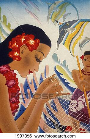 Painting depicting life in the pacific islands and tropical fish View Large Photo Image Stock Photograph - Painting depicting life in the pacific islands and tropical fish. Fotosearch